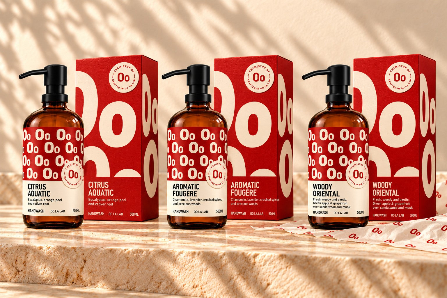 Citrus Aquatic, Aromatic Fougère and Woody Oriental handwash in red Oo packaging with matching cartons